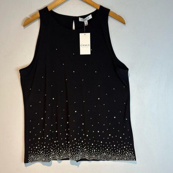 NWT CHAUS NY BLACK EMBELLISHED SILVER & PEARL BEADED SLEEVELESS BLOUSE TOP large - Picture 2 of 12